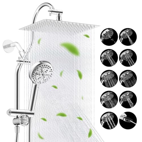 Hibbent Upgraded All Metal 12" Rainfall Showerhead Combo, High Pressure Shower Head with 10-Spray Mode Handheld, 4-Way Diverter with Pause Mode, 71''