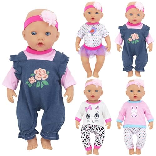 4 Sets Reborn Doll 11 Pcs Outfit Set for 14-18 Inch Dolls | 11 Pcs Full Dress-up Kit; Jumpsuits, Tops, Skirts, Pants & Matching Headbands; Fits 14-18