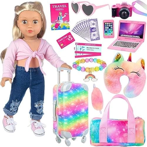 ZITA ELEMENT 23 Pcs Suitcase Luggage Travel Playset for 18 Inch Girl Doll | Doll Travel Gear Kit, Including Rainbow Suitcase, Rainbow Bag, Pillow,