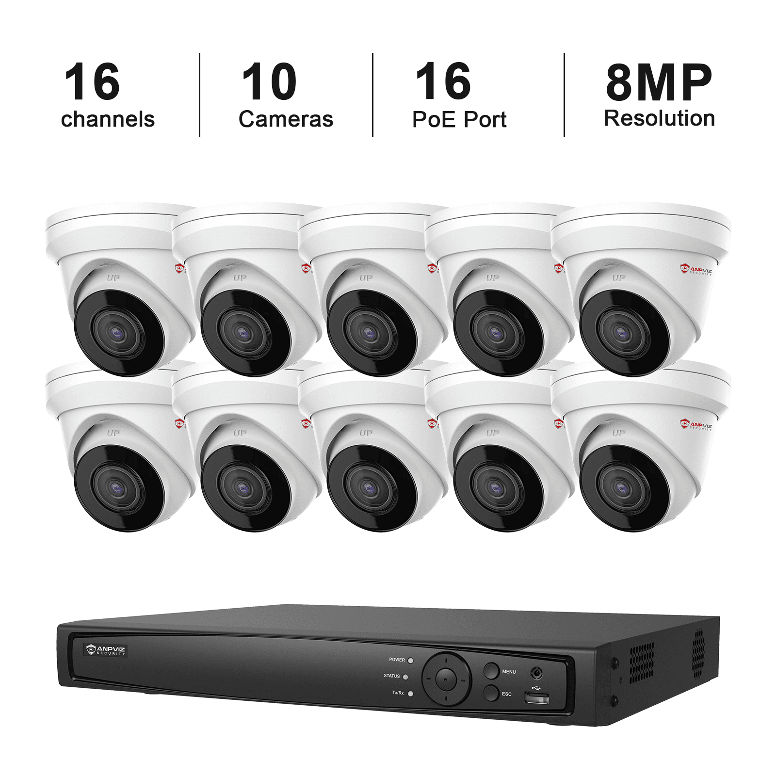 USA Only Anpviz 16CH Security POE IP Camera System, 10PCS 8MP Metal Turret H.265+ POE IP Cameras, 16 Channels NVR, Human Vehicle Detection