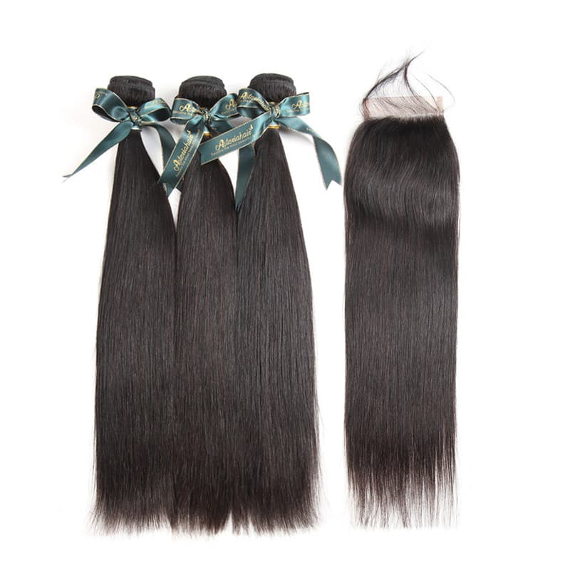 Brazilian Straight Virgin Hair Weaves 3 Pcs with 4*4 Lace Closure