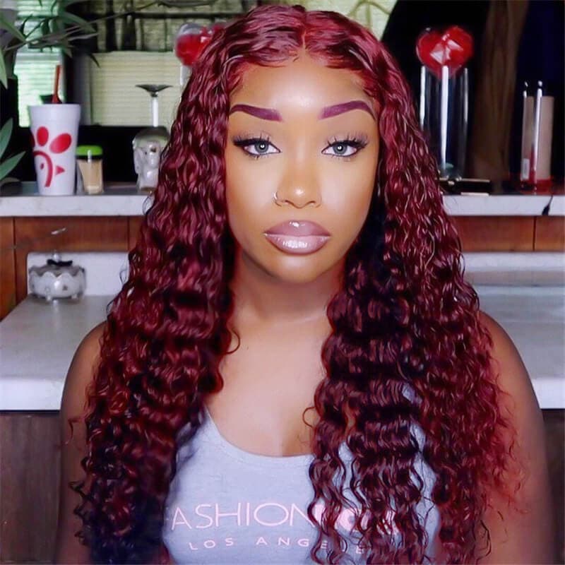 99j Burgundy Hair Color Deep Wave Hair Transparent Lace Front Wig