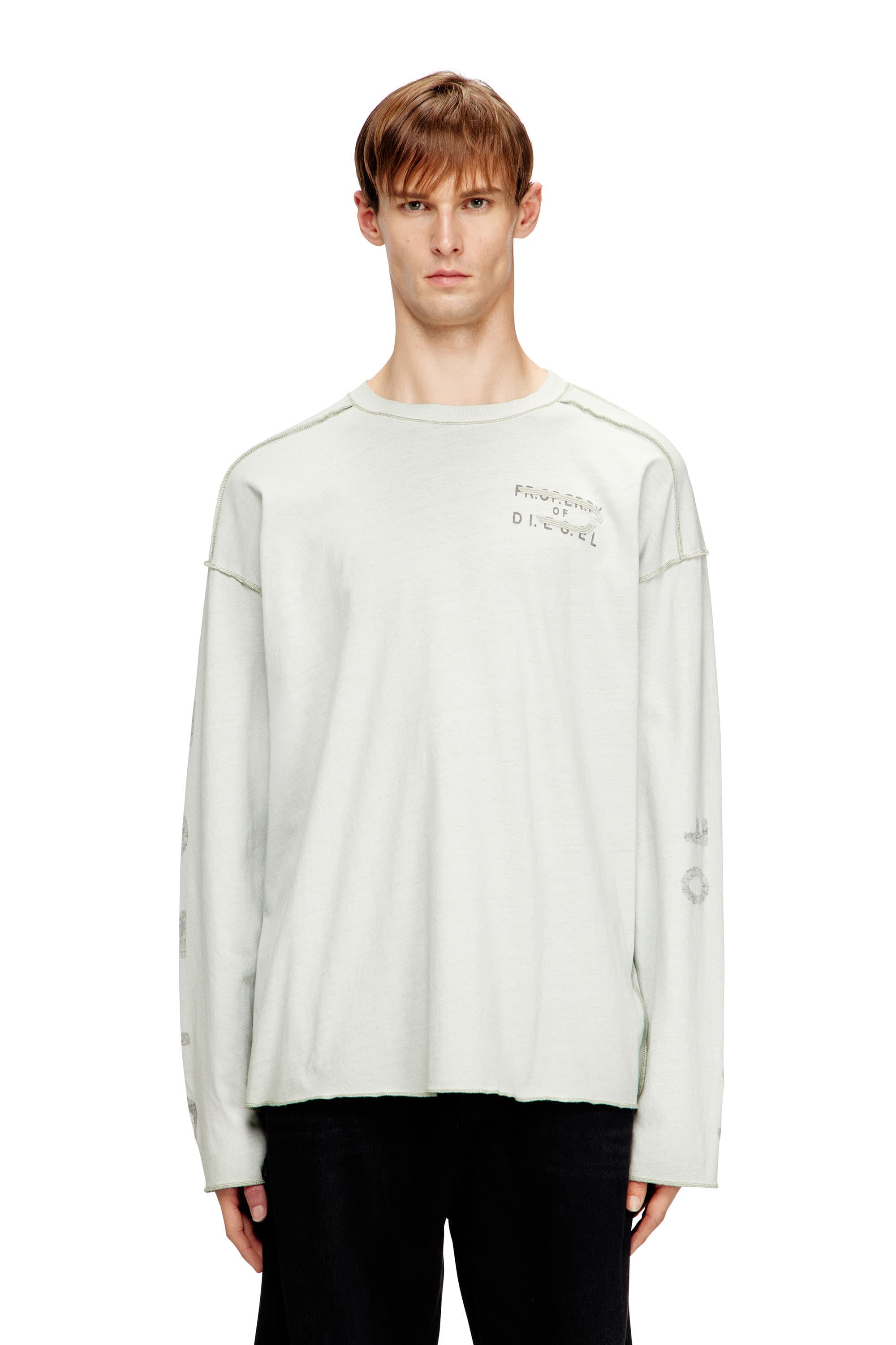Diesel - Relaxed long-sleeve T-shirt with printed sleeves - T-Shirts - Man - Grey