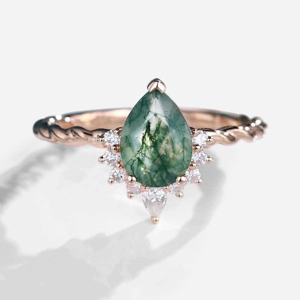 Rose Gold Pear Shaped Moss Agate Engagement Ring 3/4 Eternity Vintage Twisted Bridal Ring