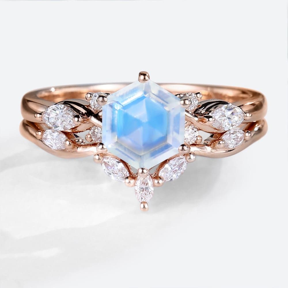 Rose Gold Hexagon Cut Moonstone Promise Wedding Ring Set