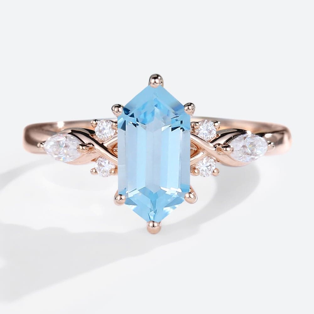 Rose Gold Vintage Elongated Hexagon Cut Aquamarine Engagement Ring