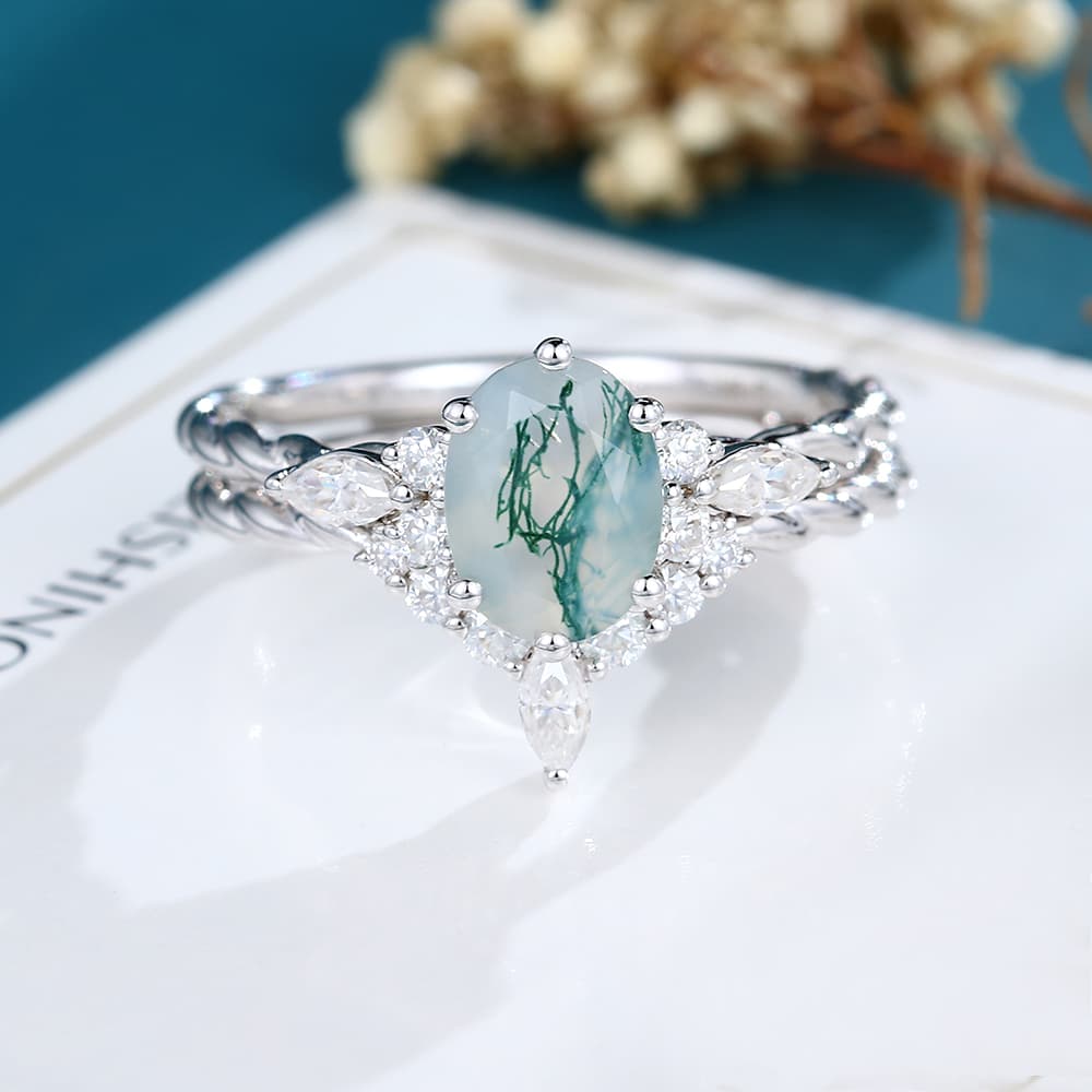White Gold Oval Cut Moss Agate Ring 3/4 Twisted Engagement Ring with Curved Wedding Band Set