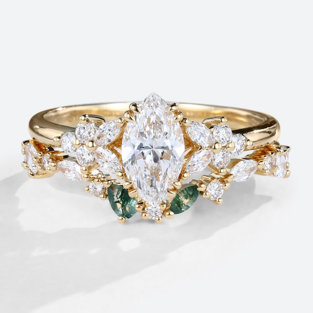 Solid Gold Marquise Cut Lab Diamond Engagement Ring Set Nature-inspired Ring Set