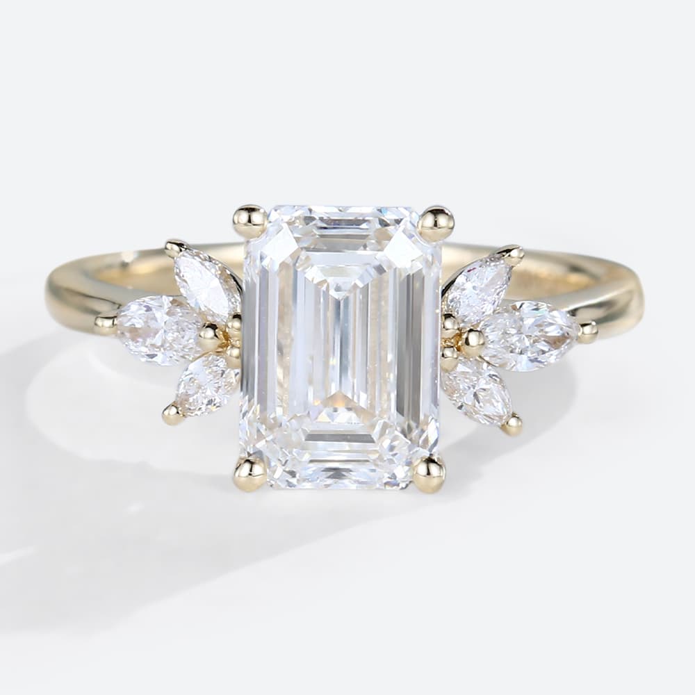 1.5ct Colorless VS+ Emerald Cut Lab Grown Diamond Marquise Accented 4-Prong Engagement Ring in Yellow Gold