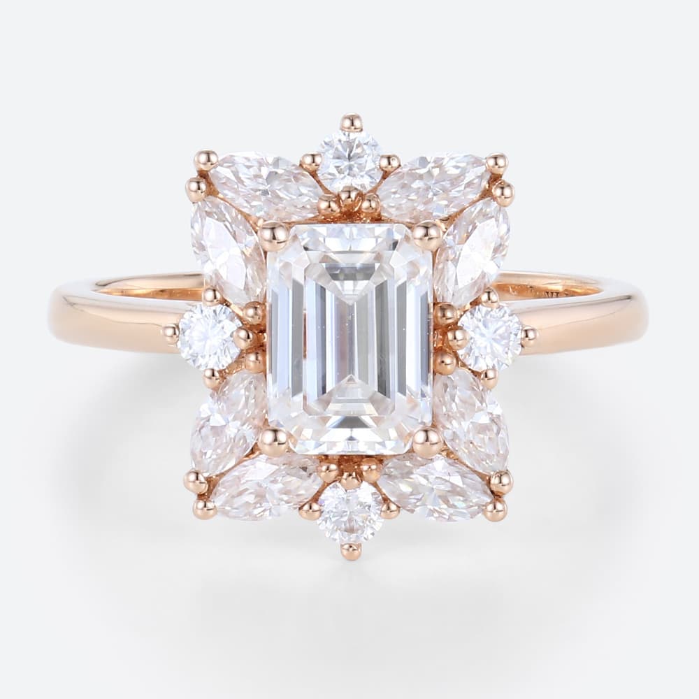 1ct Colorless VS+ Emerald Cut Lab Grown Diamond Vintage Cluster 4-Prong Engagement Ring in Rose Gold