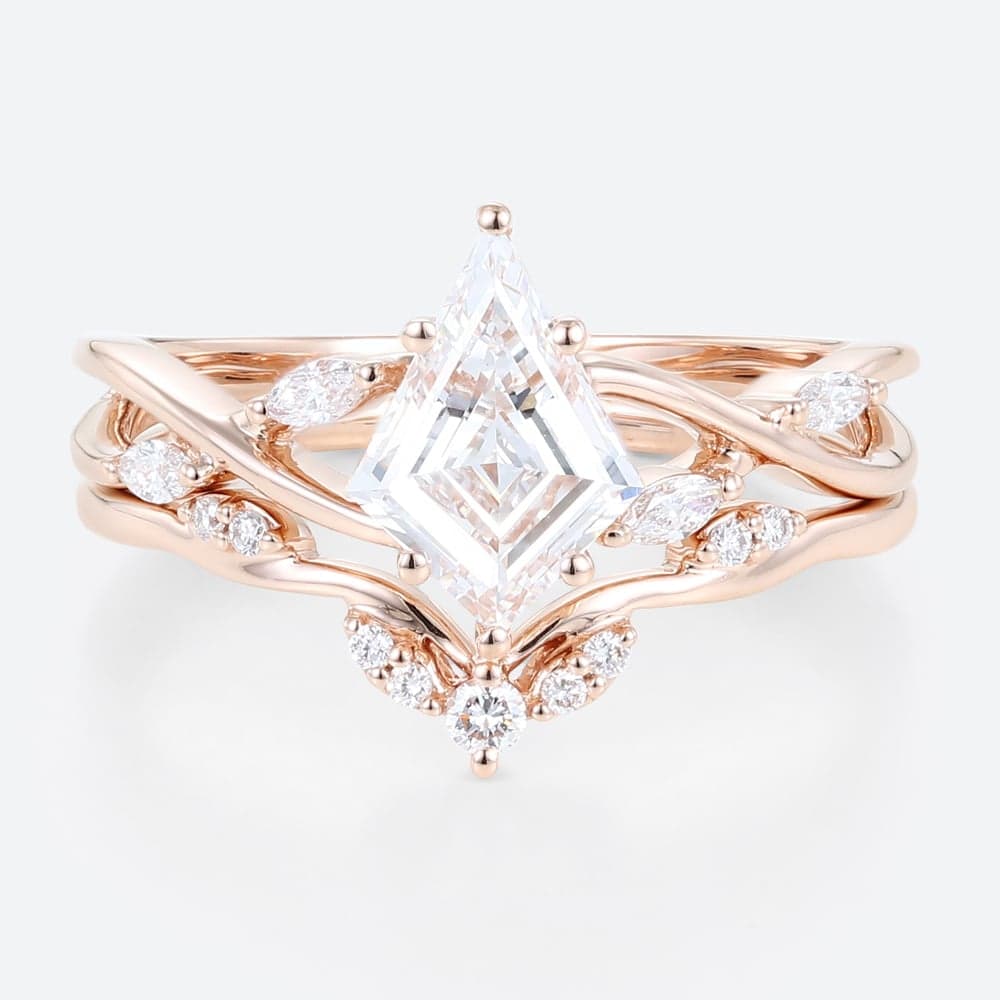1.2ct Colorless VS+ Kite Cut Lab Grown Diamond Modern Intertwined Vine 6-Prong Bridal Ring Set in Rose Gold