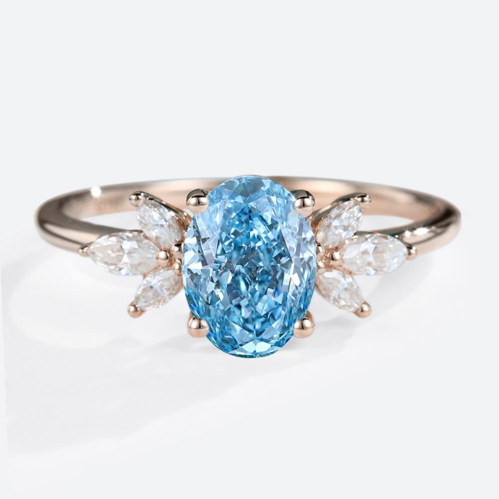 1.5ct Fancy Blue VS+ Oval Cut Lab Grown Blue Diamond Marquise Accented 4-Prong Engagement Ring in Rose Gold
