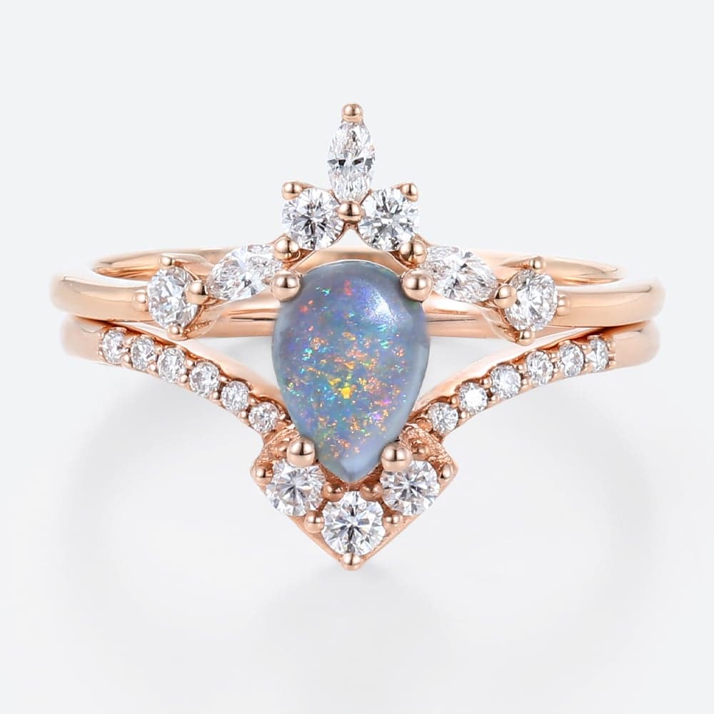 Pear Shaped Black Opal Tiara Bridal Ring Set with Marquise Diamond Curved Wedding Band