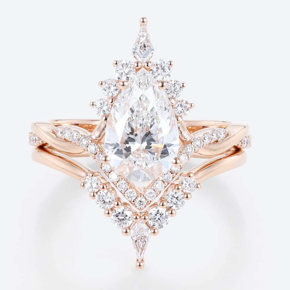 1.5ct Colorless VS+ Pear Cut Lab Grown Diamond Vintage Crossover Shank 4-Prong Bridal Ring Set in Rose Gold