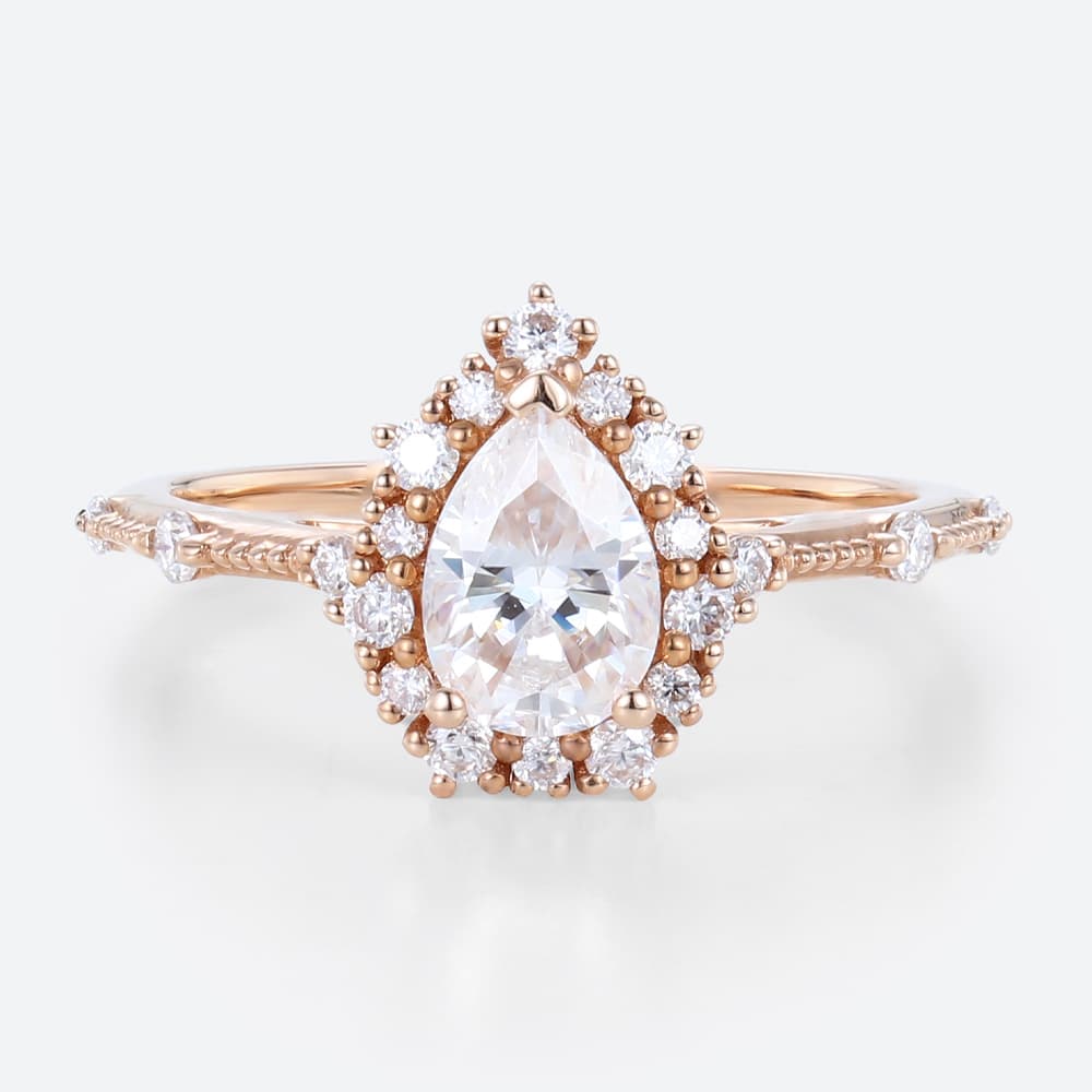1ct Colorless VS+ Pear Cut Lab Grown Diamond Vintage Halo Milgrain 3-Prong Engagement Ring Fashion Thin Band in Rose Gold