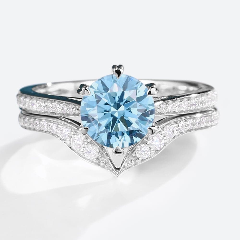 1ct Fancy Blue VS+ Round Cut Lab Grown Blue Diamond Pavé 6-Prong Engagement Ring Set in White Gold