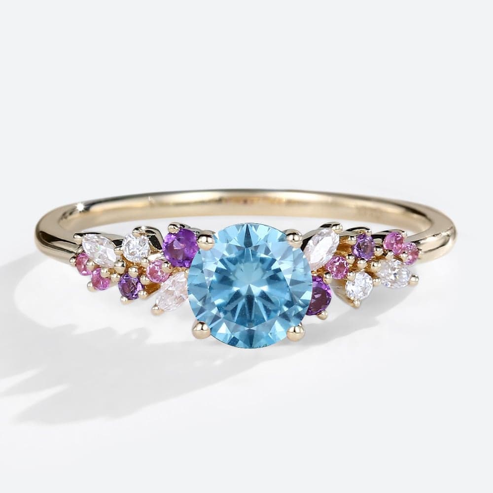 1ct Fancy Blue VS+ Round Cut Lab Grown Blue Diamond Multicolored Gems 4-Prong Engagement Ring in Yellow Gold