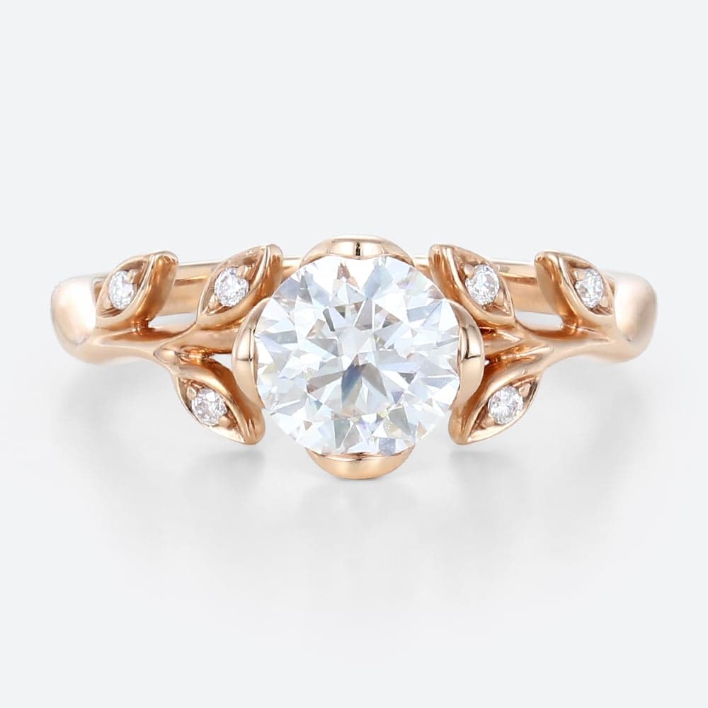1ct Colorless VS+ Round Cut Lab Grown Diamond Nature-Inspired Leaf Design Engagement Ring in Rose Gold