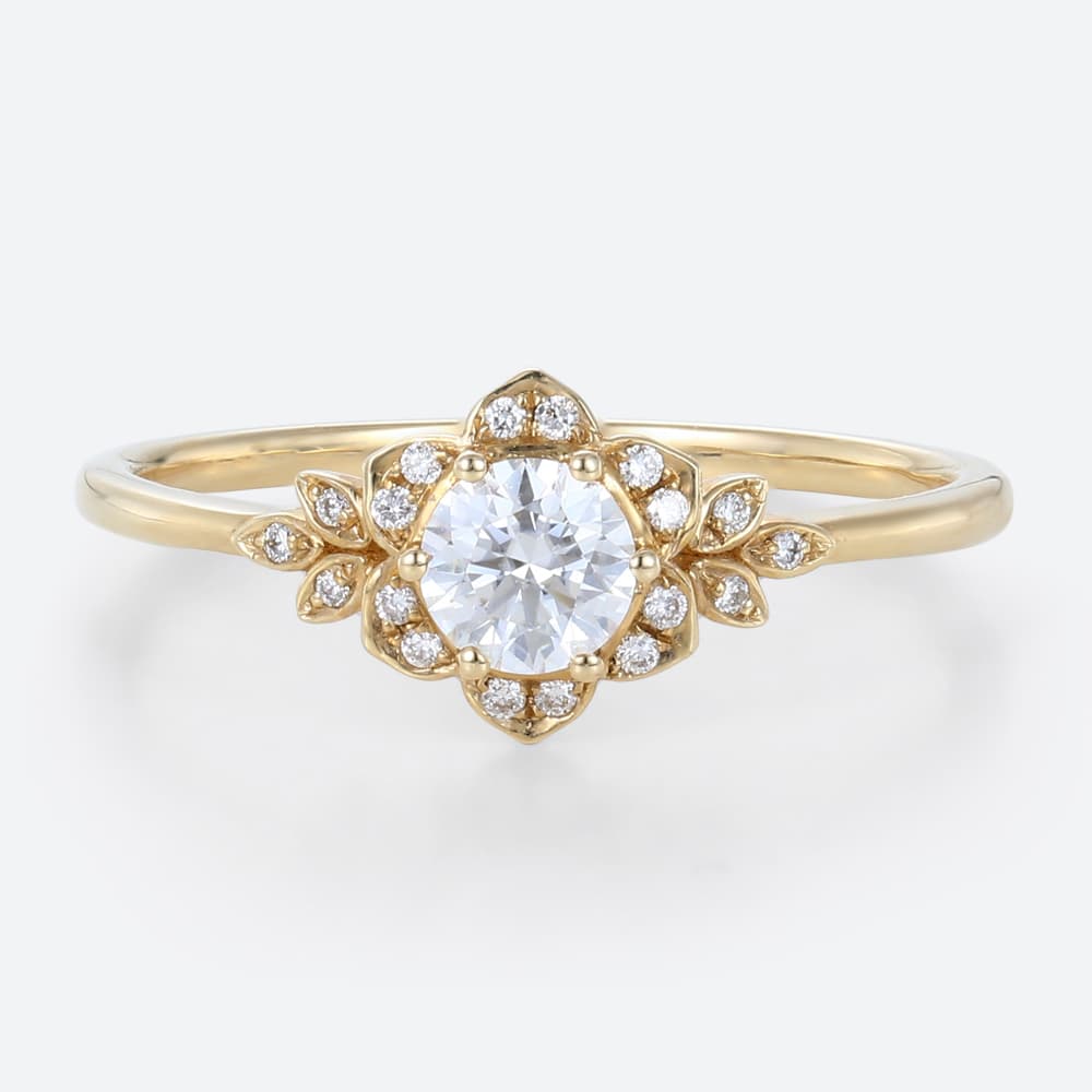 0.5ct Colorless VS+ Round Cut Lab Grown Diamond Vintage Floral Halo 6-Prong Engagement Ring in Yellow Gold