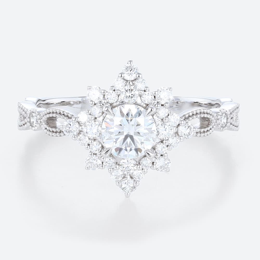 0.5ct Colorless VS+ Round Cut Lab Grown Diamond Classic Starburst Halo Milgrain 4 Claw Prong Engagement Ring in White Gold
