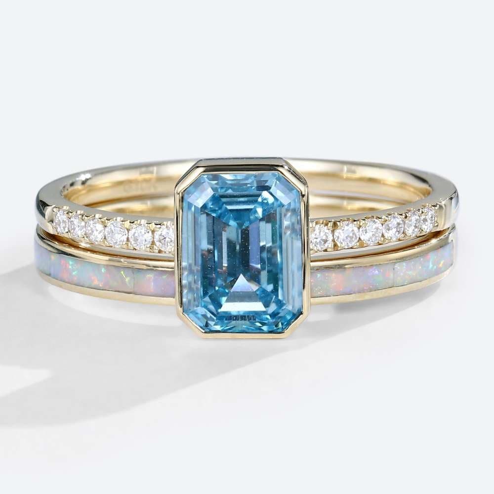 1.5ct Fancy Blue VS+ Emerald Cut Lab Grown Blue Diamond Pavé Bezel Setting Engagement Promise Ring Set in Yellow Gold