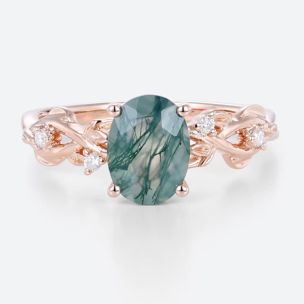 Oval Cut Moss Agate Nature-Inspired Engagement Ring Twisted Vine Bridal Ring