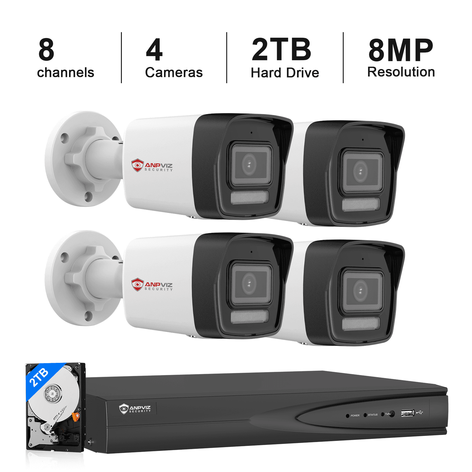 USA Only 8 Channel POE Camera System with 2TB HDD, 4PCS 8MP IP Bullet Cameras Outdoor, 8 PoE Port NVR up to 12MP for 24/7 Recording