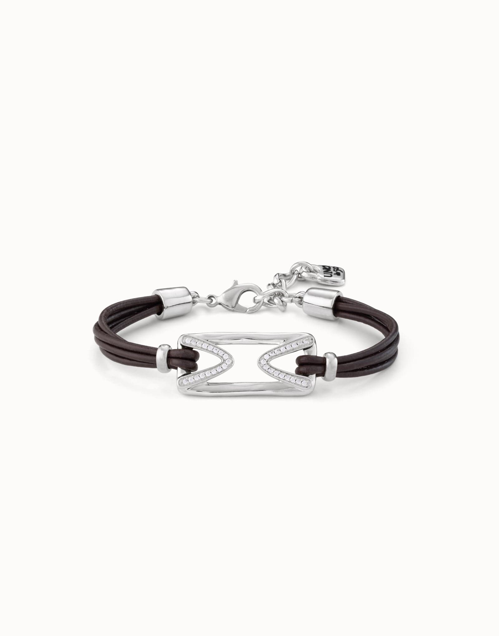 Leather bracelet with rectangular central link with topaz