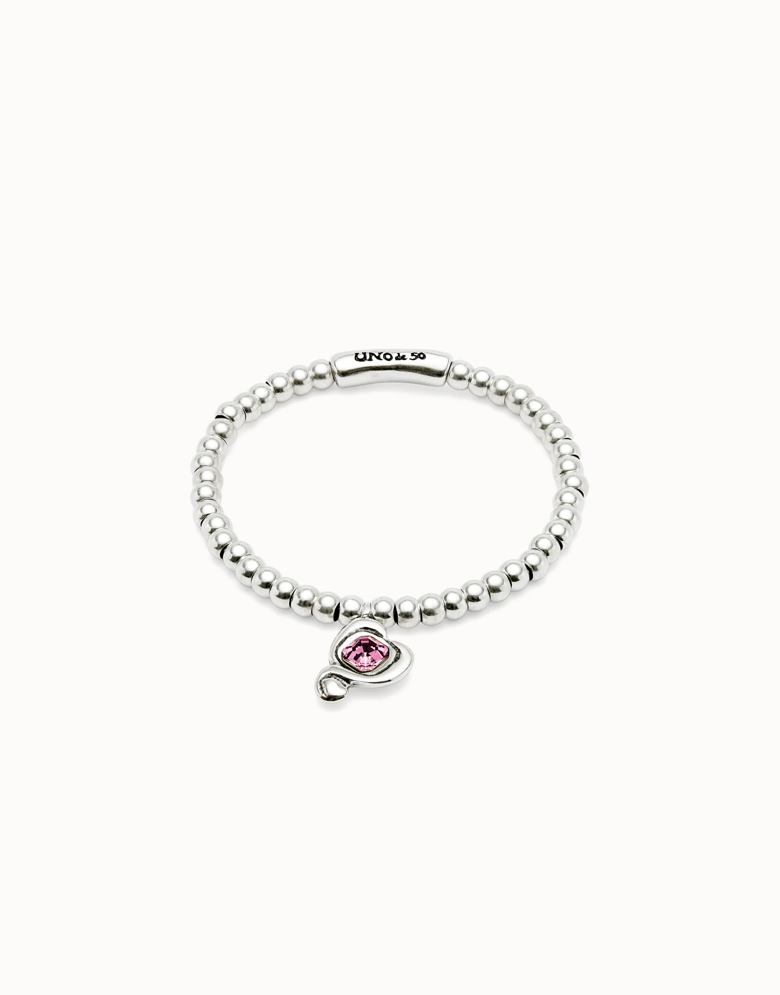 Beaded stretch bracelet with heart and pink crystal