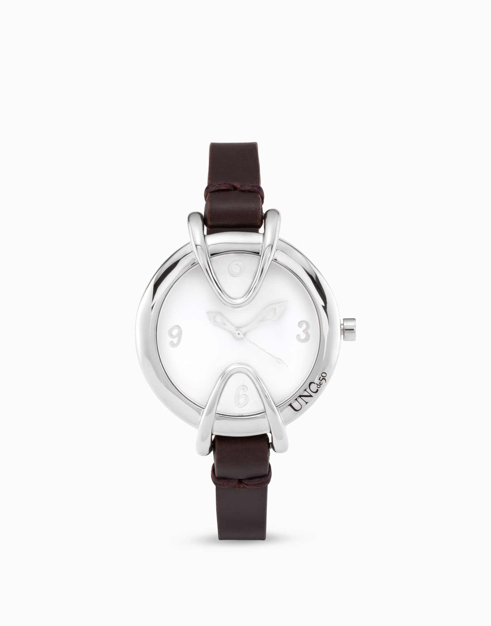 Sterling silver-plated watch with black leather strap and round white dial